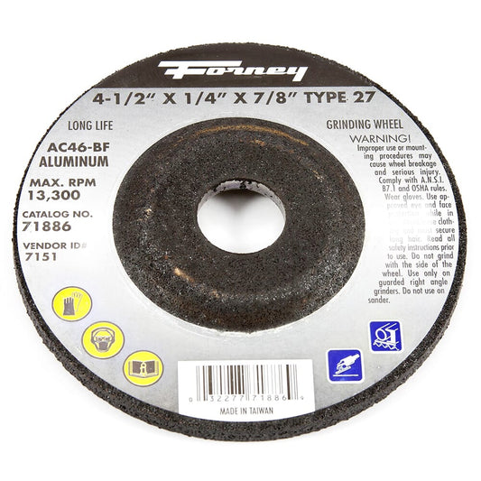 GRINDING WHEEL, ALUMINUM, TYPE 27, 4-1/2 IN X 1/4 IN X 7/8 IN